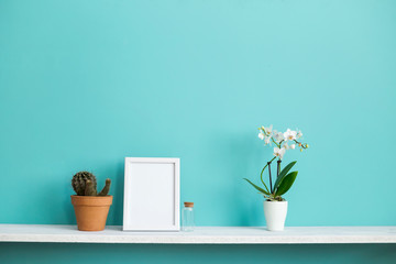 Modern room decoration with Picture frame mockup. White shelf against pastel turquoise wall with potted orchid and cactus plant.
