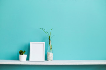 Modern room decoration with Picture frame mockup. White shelf against pastel turquoise wall with spider plant cuttings in water and succulent plant.