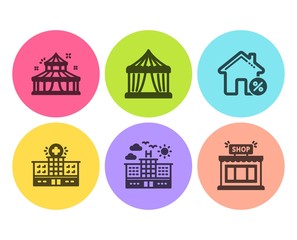 Hotel, Loan house and Hospital building icons simple set