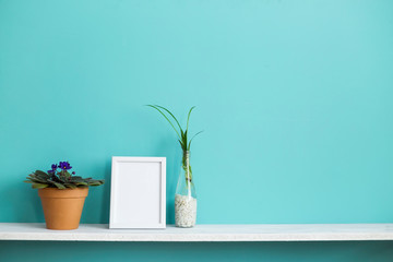 Modern room decoration with Picture frame mockup. White shelf against pastel turquoise wall with spider plant cuttings in water and violet.