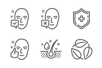 Face declined, Serum oil and Face accepted icons simple set. Medical shield, Leaves signs. Identification error, Healthy hairs. Healthcare set. Line face declined icon. Editable stroke. Vector