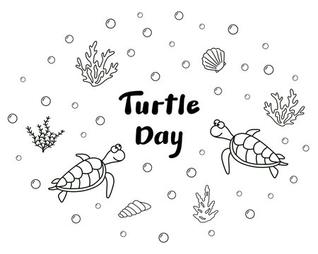 Cute smiling turtles with seashells, algae and bubbles; Black outline isolated on white background with handwritten text Turtle Day; 23 May; Funny tortoise outline drawing; Hand drawn sketch - Vector