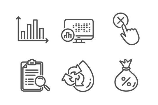 Diagram graph, Reject click and Report statistics icons simple set. Search analysis, Recycle water and Loan signs. Presentation chart, Delete button. Business set. Line diagram graph icon. Vector