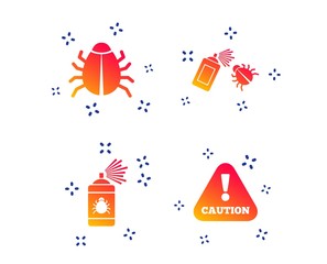 Bug disinfection icons. Caution attention symbol. Insect fumigation spray sign. Random dynamic shapes. Gradient disinfection icon. Vector