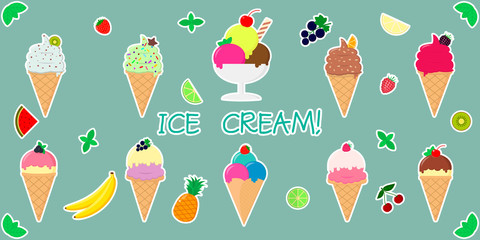 Set a collection of ten different sweet ice cream stickers in a waffle cup and juicy fruits in a white stroke on a green background and text. Flat style vector illustration