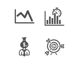 Set of Manager, Report timer and Line chart icons. Target sign. Work profit, Growth chart, Financial graph. Targeting.  Classic design manager icon. Flat design. Vector