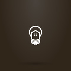 white sign on a black background. vector line art sign of house in a light bulb