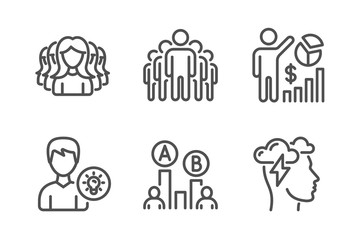 Group, Seo statistics and Women group icons simple set. Ab testing, Person idea and Mindfulness stress signs. Managers, Analytics chart. People set. Line group icon. Editable stroke. Vector