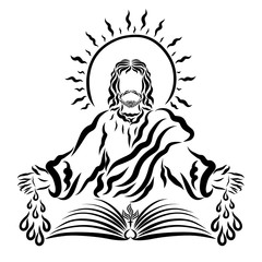 Christ with a shining sun over his head, an open book of life and drops from his wounds