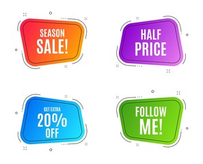 Geometric banners. Get Extra 20% off Sale. Discount offer price sign. Special offer symbol. Save 20 percentages. Follow me banner. Clearance sale. Vector