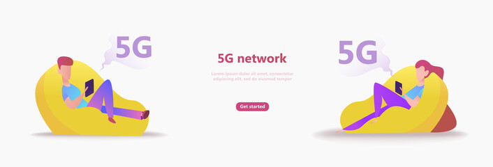 5G network concept. Cartoon character uses fast mobile internet lte.   Wireless technology vector illustration. Global network technology   concept use for business web template or mobile app. Vector