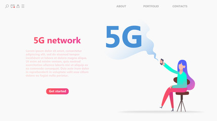 5G network concept. Cartoon character uses fast mobile internet lte.   Wireless technology vector illustration. Global network technology   concept use for business web template or mobile app. Vector