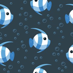 Colorful fish seamless pattern. Underwater life background in cartoon style. Hand drawn tropical fish on backdrop with bubbles. Seamless pattern for fabric and wrapping paper.