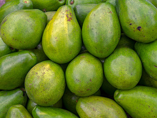 Close-up of a heap of avocados, photographed at the traditional local market of the colonial town of Villa de Leyva, in the Andean mountains of central Colombia.