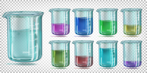 Set glass chemical beaker with colored liquid. Vector images isolated on a transparent background.