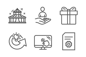 Gift box, Share idea and Recruitment icons simple set. Circus, Touch screen and File settings signs. Present package, Solution. Line gift box icon. Editable stroke. Vector