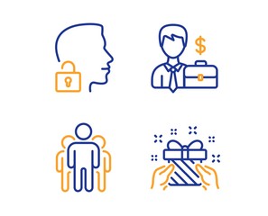 Obraz na płótnie Canvas Group, Unlock system and Businessman case icons simple set. Gift sign. Managers, Access granted, Human resources. Present. People set. Linear group icon. Colorful design set. Vector