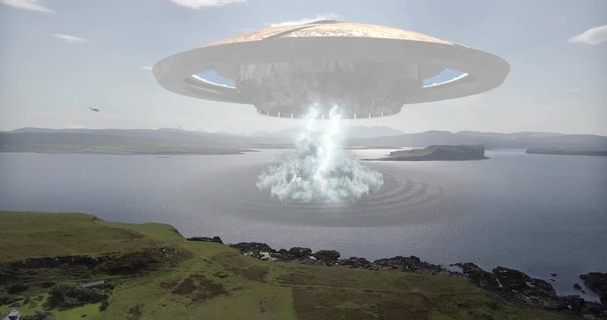 Alien Spaceship Hovering over sea sendig beam of laser light to the sea with helicopters Powerful Video Compositing simulates Real footage with visual effects elements of Alien ufo spaceship Hovering 