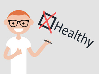 Healthy.Young character with pen shows checkbox with a cross on grey background. Checklist concept.Flat cartoon design