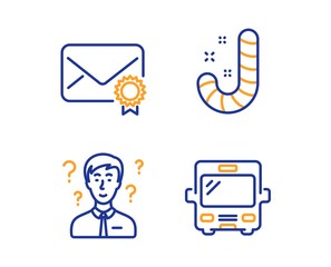 Support consultant, Candy and Verified mail icons simple set. Bus sign. Question mark, Lollypop, Confirmed e-mail. Tourism transport. Linear support consultant icon. Colorful design set. Vector