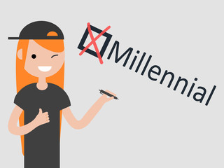 Millennial.Young character with pen shows checkbox with a cross on grey background. Checklist concept.Flat cartoon design
