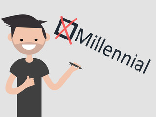 Millennial.Young character with pen shows checkbox with a cross on grey background. Checklist concept.Flat cartoon design