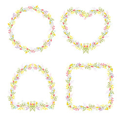 Set of four frames of different shapes with flowers and branches with leaves for festive design and decoration. Isolated vector color on white background.