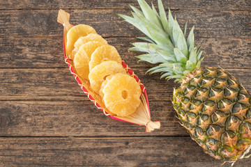 Tropical fruits on the wooden rustic table