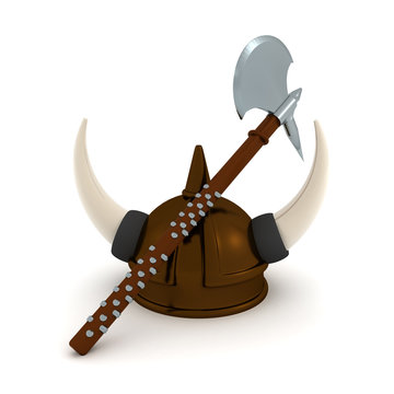 3D Rendering of viking axe and helmet