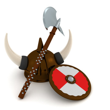 3D Rendering of viking helmet axe and shield