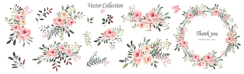 Vektor. Kränze. Botanische Sammlung von Wild- und Gartenpflanzen. Set: Blätter, Blumen, Zweige, rosa Rosen, Blumenarrangements, natürliche Elemente. © Erenai