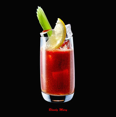 bloody mary, alcohol, spice, celery, drink, cocktail, alcoholic beverage, mixology, vodka,pepper, spicy, worcestershire sauce, garnish,, ice, ice cube, glass, backlit, translucent, reflective, studio