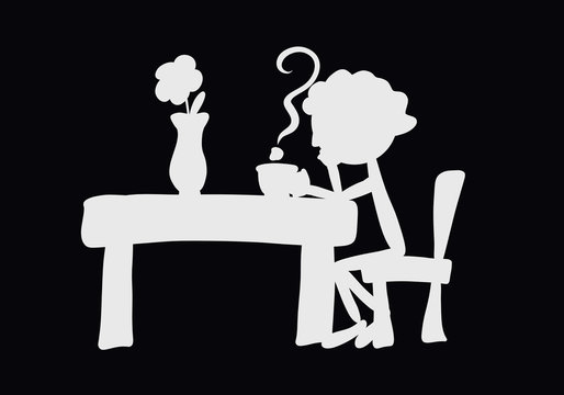 Pensive man sitting at a table with a cup of drink, steam in the form of a question mark and a flower in a vase