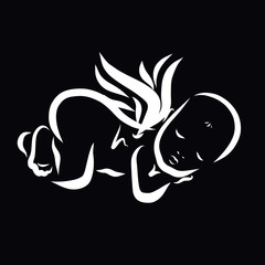 sleeping winged newborn baby on a black background