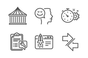 Carousels, Cogwheel timer and Start business icons simple set. Spanner, Good mood and Synchronize signs. Attraction park, Engineering tool. Technology set. Line carousels icon. Editable stroke. Vector