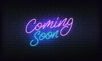 Coming soon neon banner vector template. Glowing night bright lettering sign for advertisement. - obrazy, fototapety, plakaty