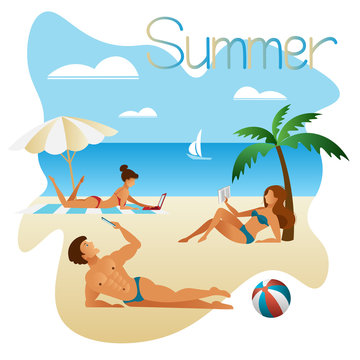 Summer vacation on a tropical beach. Young people are sunbathing on the beach with gadgets in their hands. Flat design template, vector illustration.