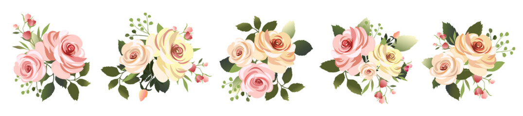 Vector illustration. Botanical collection. Set of romantic bouquets. Flower arrangements of leaves and pink roses . - 262241303
