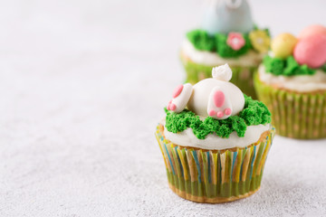 Easter cupcakes with funny bunny and grass on white background. Easter holiday concept