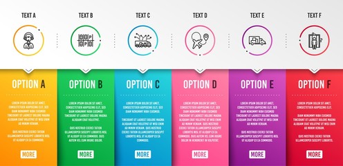 Shipping support, Parking place and Airplane icons simple set. Truck delivery, Truck transport and Elevator signs. Delivery manager, Transport. Transportation set. Infographic template. Vector