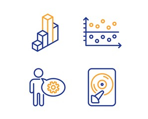 Cogwheel, 3d chart and Dot plot icons simple set. Hdd sign. Engineering tool, Presentation column, Presentation graph. Memory disk. Science set. Linear cogwheel icon. Colorful design set. Vector