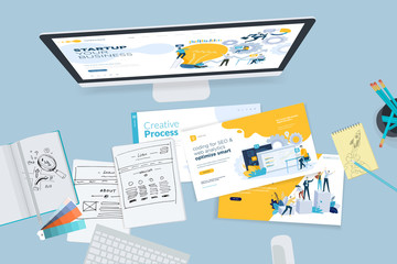 Creative workspace concept, top view. Flat design vector illustration for graphic and website design and development, creative process, business planning, strategy and presentation, internet marketing