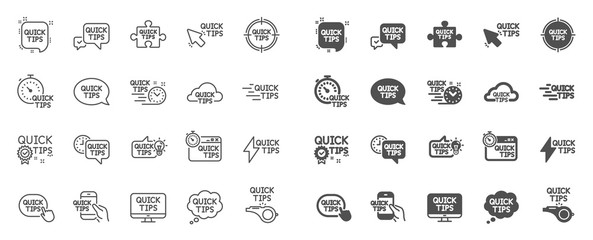 Quick tips line icons. Set of Helpful tricks, Solution and Quickstart guide linear icons. Tutorial, helpful tips and turning tricks. Hand hold smartphone, Quick chat, tutorial, whistle signs. Vector