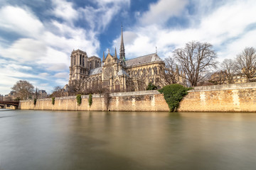 Notre Dame de Paris Cathedral, most beautiful Cathedral in Paris. View from the River Seine. France