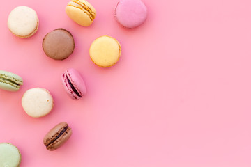 sweet dessert pattern with macarons on pink background flat lay mockup