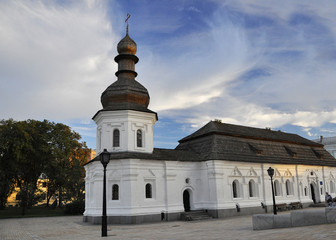 Naklejka premium September 12, 2010 - Ancient historical architecture in the center of Kiev against the blue sky with white clouds. Ukraine