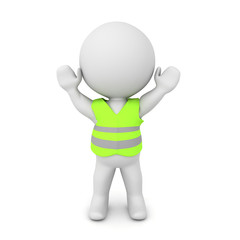 3D Character with yellow vest and hands raised