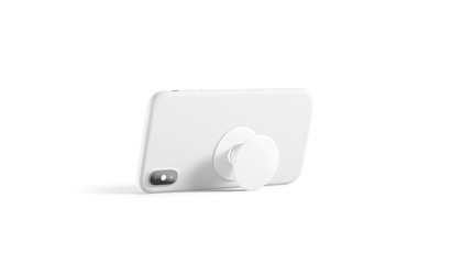 Blank white phone pop socket sticked on mobile mockup, isolated, side view, 3d rendering. Empty...