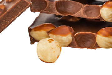 chocolate with nuts isolated on white background.