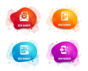 Liquid badges. Set of Internet report, Report and Approved mail icons. Call center sign. Web tutorial, Presentation chart, Confirmed document. Phone support.  Gradient internet report icon. Vector